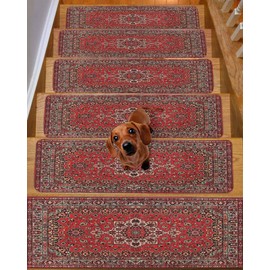 Abstract Red Stair Treads for Wooden Steps Indoor, Stair Treads Carpet Peel Stick Self-Adhesive Staircase Step Treads, Vintage Distressed Traditional Oriental Boho Tribal Runner Mat 15 Pack 8x30
