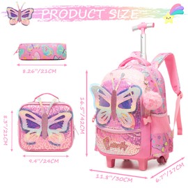 HTgroce Rolling Backpack for Kids Butterfly Roller Backpack for Girl with Wheels Carry on Luggage Travel Schoolbag Set with Lunch Box