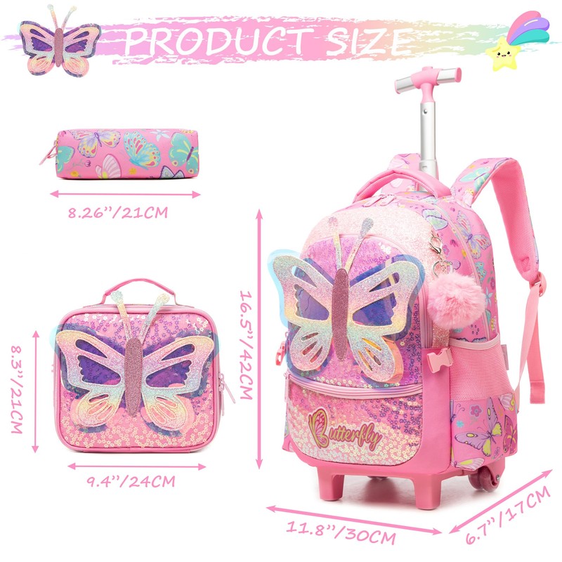 HTgroce Rolling Backpack for Kids Butterfly Roller Backpack for Girl