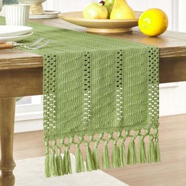 ZeeMart Macrame Style Boho Table Runner, Sage Green Table Runners 36 Inches Long, Farmhouse Woven Home Decor, 12x36 Inch, Green