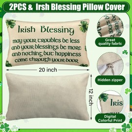 FuWeave FuWeave 2 Pcs St. Patrick's Day Irish Blessing Pillow Covers Green Clover Quote Decorative Throw Pillow Cover Case Linen Spring Home Sofa Chair Bed Decoration Pillowcase(12 x 20 Inch,Rectangle)