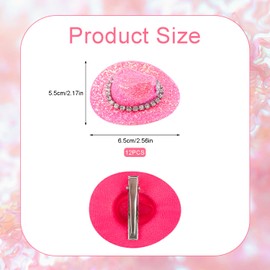 ASUNFO 12 Pcs Cowboy Hat Hair Clip Mini Small Tiny Miniature Cowgirl Hat for Western Party Decoration Rhinestone Glitter Rose Red 2.56 Inch