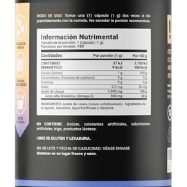 Aceite de Linaza Puro Omega 3 180 Cápsulas. Ingredientes naturales: Ácido Alfa Linolénico. Omega 3 Flaxseed Oil B Life.
