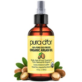 PURA D'OR (4 oz) Organic Moroccan Argan Oil 100% Pure Cold Pressed, USDA Certified Organic, All Natural Anti-Aging Moisturizer Treatment for Face, Hair, Skin & Nails, Men & Women (Packaging may vary)