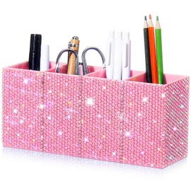 Bling Accessories Organizer for Desk Office Room Decor Gift for Women Teen Girls Rhinestone Pen Makeup Brush Holder Diamond Pencil Organizer with 4 Slots shiny sparkly Decorative Organizer(Pink)
