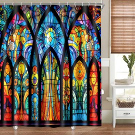Stained Glass Shower Curtain Medieval European Chruch Cathedral Window Shower Curtains for Bathroom Decor 72x72Inch Washable Polyester Colourful Glass Art Bath Curtain Set with 12HooksYLOKPA1178