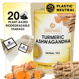 BREWIX, Turmeric Ashwagandha Herbal Tea Bags (20 Pyramid Tea Bags) Adaptogenic Herbs for Stress & Mood Support | Evening Calm & Sleep Support | Real Ingredients From India, Caffeine Free & Naturally Gluten Free | 100% Pure Herbal Blend Packed in Resealable Ziplock Pouch