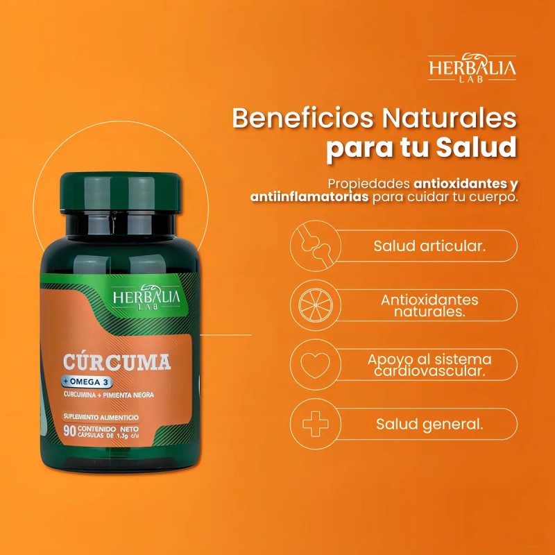 Cúrcuma Con Pimienta Negra + Omega 3, Curcumina Herbalia Lab