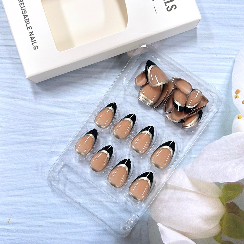 Black French Press On Glossy Nails with Gold Lines Design