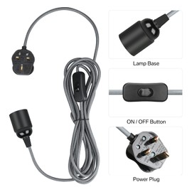 Teynewer Pendant Light Fitting, E27 Lamp Holder with Switch Suspended Ceiling Lighting Fitting Kit, 2 Core Textile Cable, UK Plug (Grey, 4m)