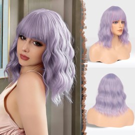 FESHFEN Wavy Mixed Wigs with Fringe, Bob with Bangs, Wavy Wigs, Synthetic Wig, Medium Length, Short Hair, Natural Wig, Girls, Women, Daily Party Wear, 35 cm