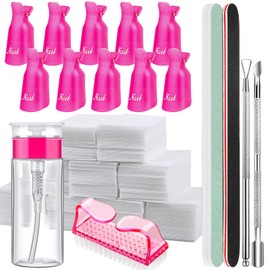 Fandamei FANDAME Gel Nail Polish Remover Tools Kit, 10 PCS Nail Polish Remover Clips Rose Red, 100ml Nail Polish Remover Bottle, 500PCS Cotton Pad, Nail Brush, Cuticle Pusher, Nail File, Buffer Block Tools kit