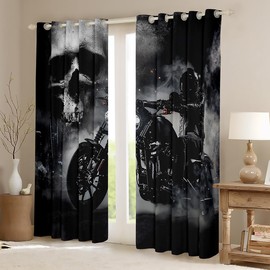 Homewish Black Motorcycle Rider Window Curtain Gray Skull and Mist Decor Window Drapes Extreme Sport for Boys Teens Men Lightweight Microfiber Polyester for Dorm Bedroom and Living Room, 84Wx63L inch