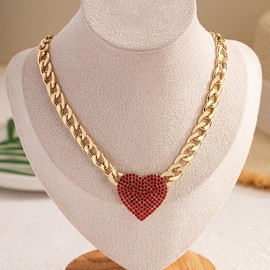 Rhinestone Chunky Heart Necklace Sparkling Red Crystal Link Cuban Chain Love Chunky Pendant Necklace Punk Hip Hop Style Necklaces Zirconia Heart Statement Necklace for Men and Women (Red)