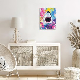 Shark Canvas Wall Art Ocean Wildlife Pictures Nautical Art Painting Coastal Prints Graffiti Shark Modern Artwork for Bathroom Living Room Bedroom Office Framed Wall Decor 12"x16"
