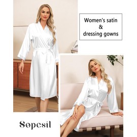 Sopesil Women's Satin Dressing Gowns Long Ladies Kimono Morning Robes Bridal Soft Wedding Party Sleepwear V-Neck,White, S