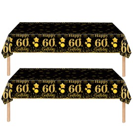 COSORO 2pcs Black Gold Happy 60th Birthday Table Cloth,137 * 274cm 60th Tablecloth for Men Women 60th Birthday Table Decorations,Plastic Tablecloths Table Cover for Him Her 60th Birthday Decorations