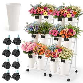 2 Pack Flower Display Stand with 12 Buckets, Wheels & Blackboards, White