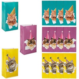 5 1/4" x 10" Bright Teal, Yellow & Purple Party Cats Treat Bags - 12 Pieces