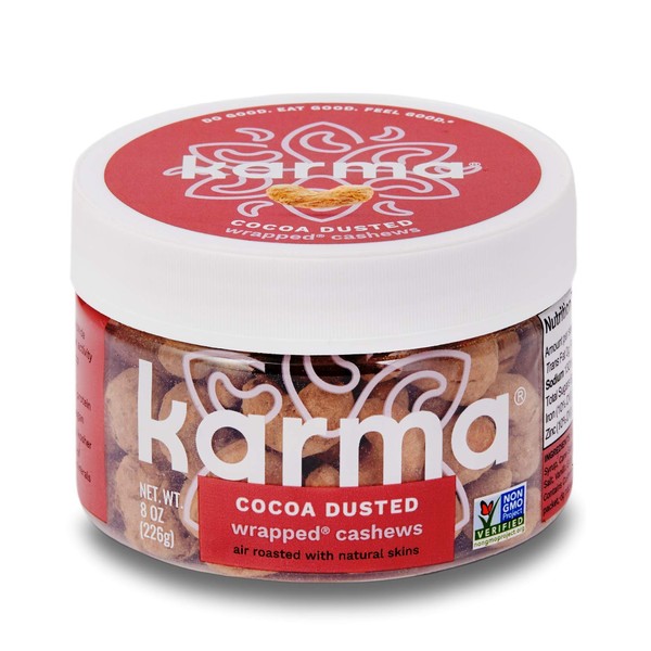 Karma Nuts Cocoa Dusted Wrapped Cashews | 8 oz Jar | Whole, Wrapped Cashews | Air Roasted, No Oil | Natural, Minimally Processed | Non-GMO, Gluten-Free, Vegan, Kosher | Rich in Antioxidants + Fiber