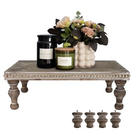 MAONAME Wood Display Risers Decorative tray, Farmhouse Pedestal Stand for Display Home Decor, Vintage Brown Beaded Wooden Tray for Kitchen Counter, Short and Tall Footed