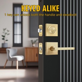 Cielsa Dawn Gold Heavy Duty Privacy Lever Door Handle and Single Cylinder Deadbolt Lock and Key Combo Pack - Locking Lever Set for Left or Right-Handed Doors - Exterior Door Levers - Satin Brass