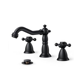 FORIOUS Matte Black 3 Hole Brass Vintage Farmhouse Bathroom Faucet, 8 Inch Widespread Bathroom Faucets 2 Cross Handles with Metal Pop Up Drain and Supply Hoses, for RV Vanity