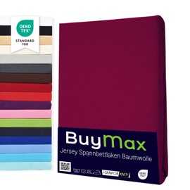 Buymax® Fitted Sheet, 100% Cotton Jersey, for Mattresses Up to 25 cm High, 90 x 200 cm, Burgundy