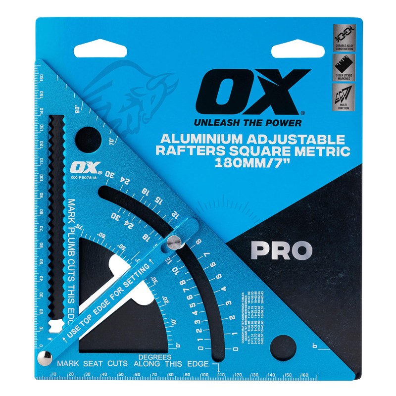 OX Tools Pro Adjustable Aluminium Roofing Rafter Square, Metric -