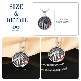 INFINIONLY Creative Men's Round Stainless Steel Necklace Locket Vintage Knight of the Cross Graphic Engraving Chains with Pendant with 55 cm Chain Fashion Boys Teenagers Jewellery 4.5 x 3.6 cm