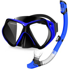 Snorkeling Gear for Adults & Scuba Diving Mask with Tempered Glass Lens, 180° Panoramic Wide View Scuba Mask for Diving, Snorkeling, Swimming(Black Blue)