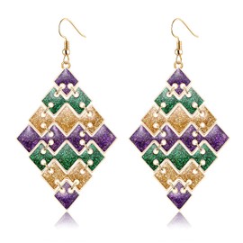 Mardi Gras Earrings for Women Glitter Mask Carnival Drop Earrings Wine Bottle Fleur De Lis Dangle Earrings Carnival Holiday Jewelry Gifts Rhombus