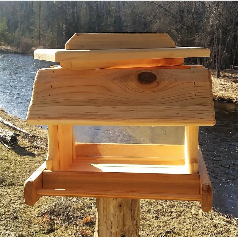 14 Inch Cedar Wood Post Mount Bird Feeder for Outdoors