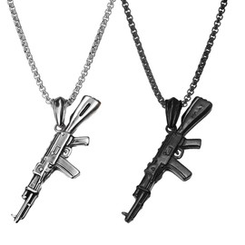 JKJF Pack of 2 Army Rifle Pendant Necklace Hip Hop Punk Rock Pistol Chain Gothic Assault Rifle Necklace Vintage Biker Necklace for Men - Black Silver Style 2