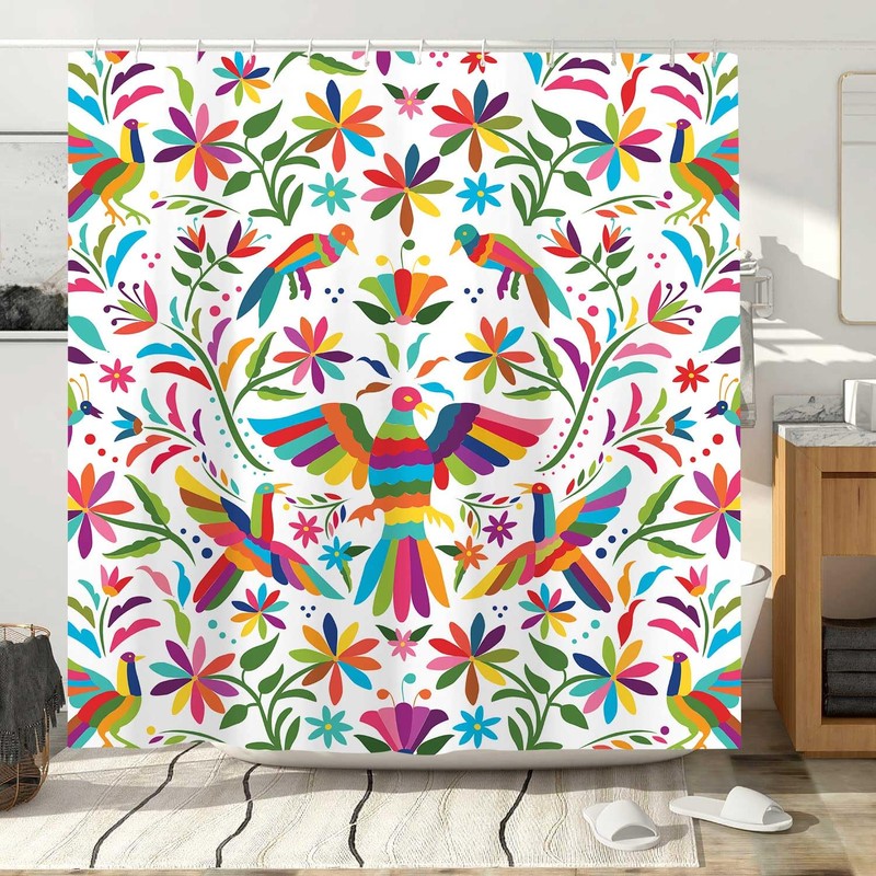 Mexico Floral Shower Curtain for Bathroom, Traditional Mexican Bluebird Otomi