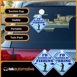 Tek Automotive I’d Rather Be Fishing Car Sign – Twin Pack, 14x14cm Screen Printed Vinyl, Funny Car Sticker, Fishing Accessories, Fisherman Gifts for Men, Fishing Presents for Men