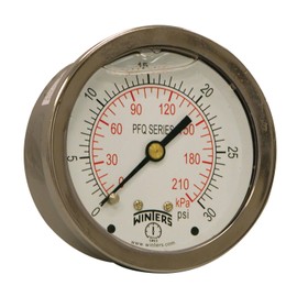 Winters PFQ Series Stainless Steel 304 Dual Scale Liquid Filled Pressure Gauge with Brass Internals, 0-30 psi/kpa,2-1/2" Dial Display, +/-1.5% Accuracy, 1/4" NPT Center Back Mount