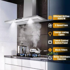 Zomagas 30 in Wall Mount Range Hood Stainless Steel Kitchen Cook Vent 450CFM 3-Speed LED