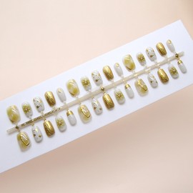 3D Flower Press on Nails Short Square Acrylic False Nails 24Pcs Curve Line Stick on Nails Glossy Gold Gradient Fake Nails Green Leaves Gel Glue on Nails for Coquette Women Girls