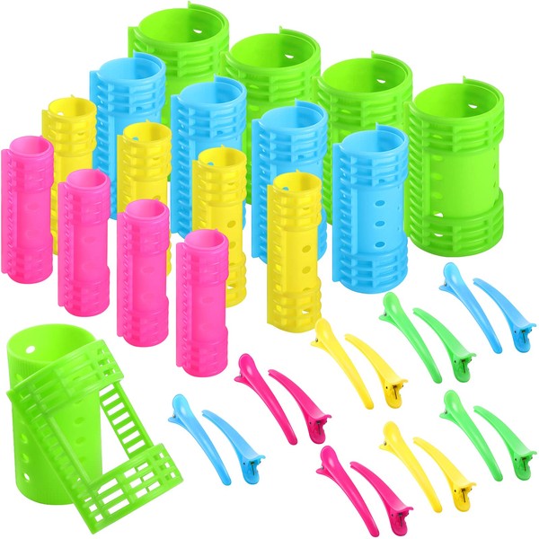65 Pieces Magnetic Rollers Plastic Rollers Hair Curlers Set 4 Sizes for Long Medium Short Hair, Duck Hair Clips Hairnet Hairdressing Styling Tool