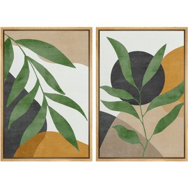 SIGNFORD Framed Canvas Print Wall Art Set Geometric Mid-Century Plant Collage Abstract Shapes Illustration Modern Art Decorative Nordic Nature for Living Room, Bedroom, Office - 24"x36"x2 Natural