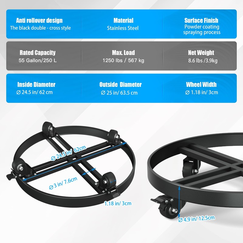 LLNYFL Heavy Duty 55 Gallon Drum Dolly – 1250 LB
