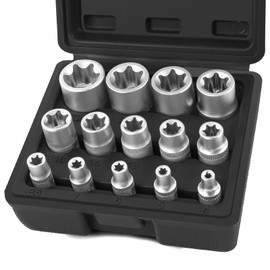 FIFIBANG 14-Piece E-Torx Socket Set External Torx Socket Set E4, E5, E6, E7, E8, E10, E11, E12, E14, E16, E18, E20, E22, E24, External Torx Sockets 1/2 inch, 1/4 inch, 3/8 inch (Black)