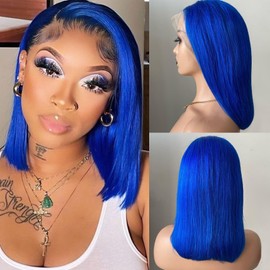 16 Inch Blue Bob Wigs Human Hair 13X4 Long Straight Dark Blue Bob Wig Human Hair HD Lace Frontal Wigs With Baby Hair Natural Hairline Wear and Go Glueless Colored Bob Wig Pre Plucked for Women