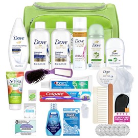 Convenience Kits International Women’s Super Premium 30 PC Travel Kit Featuring: Ensemble of Dove Travel-Size Hair Care and Body Products in Large Coral Toiletry Bag (802) (Green)