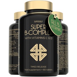 SuperSelf Vitamin B Complex High Strength - Slow Release Super B Complex 60 Tablets - Enriched with Vitamins D & C - Complete Vit B Supplement All 8 Vitamin B12, B6, Folic Acid, Biotin, B1, B2, B3, B5 - UK Made