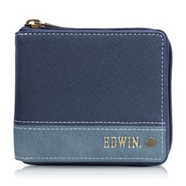 Edwin Men's Bi-Fold Wallet, Synthetic Leather, Round Zip, Coin Storage, Card Storage, Embossing, Stitching, Rivet, navy