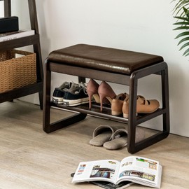 Cttasty Shoe Bench, Entryway Bench with Leather Cushion, Solid Wood Shoe Rack, Mid Century Modern Bench, Shoe Storage, Shoe Organizer for Entryway, (Brown), 21.7 L x 11.8 D x 16.5 H Inches