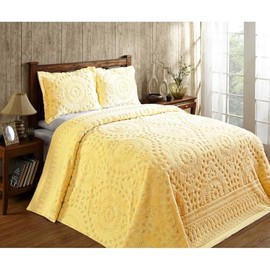 1 Piece Elegant 100% Cotton Floral Tufted Chenille Bedspread Full Size Intricated Texture | All Seasons Butter Yellow Color Western Bedding Comforter Alternate Aesthetic Look Soft Plush Cozy Feel