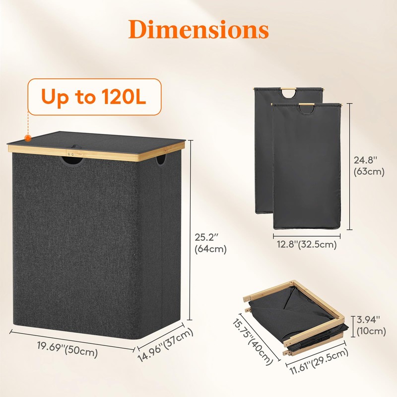 Lifewit 120L Double Laundry Hamper with Lid, Extra Large Bamboo